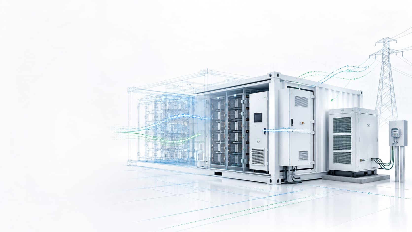 Conceptual containerised battery with visible battery racks, cooling equipment and a digital twin overlay
