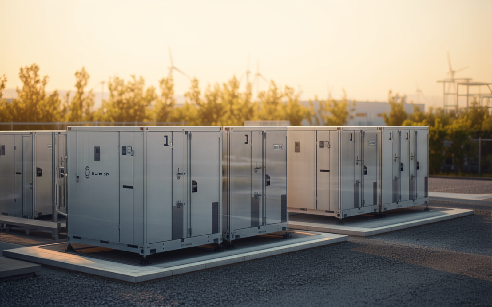 Industrial battery energy storage containers at a renewable facility at golden hour