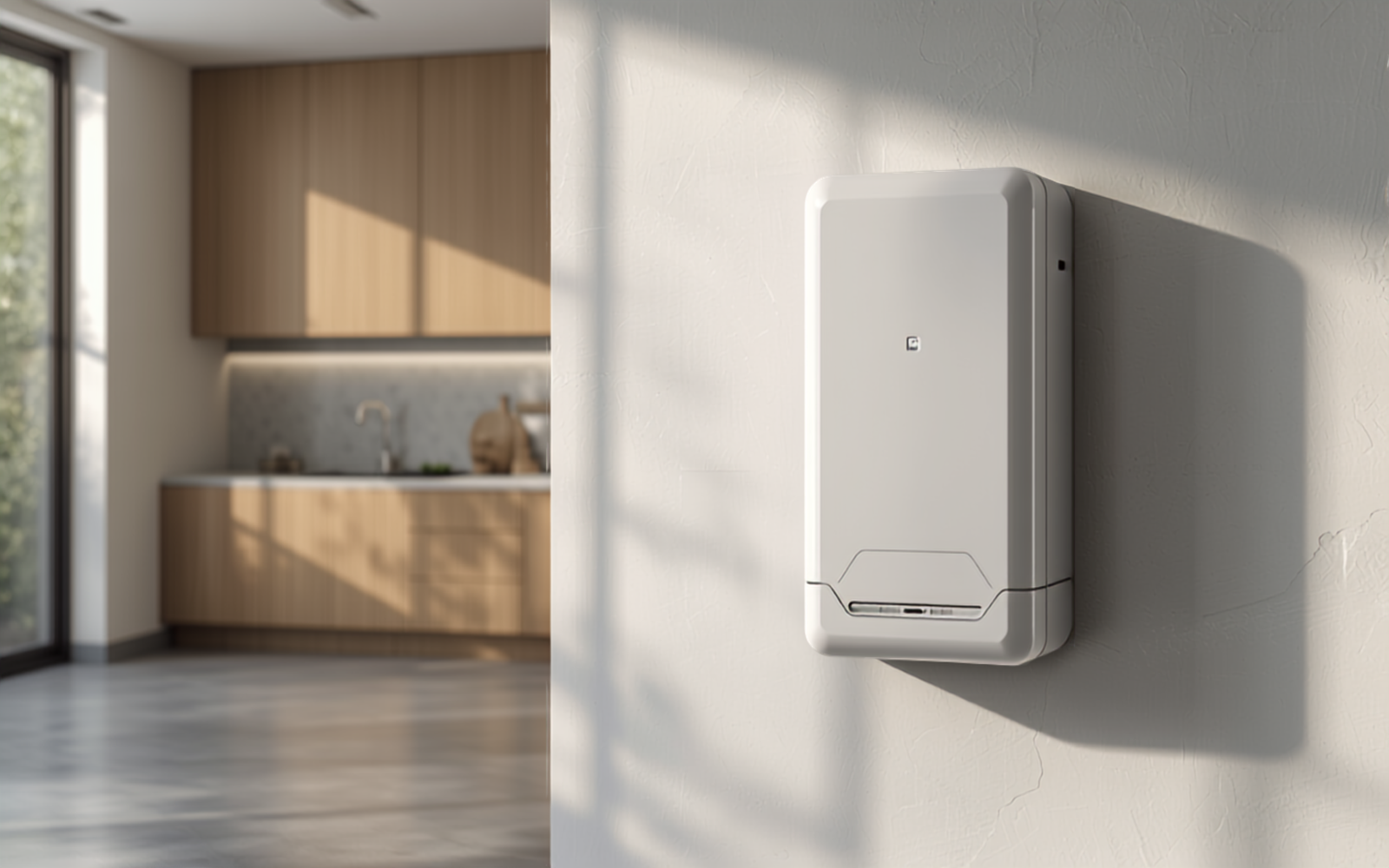 Wall-mounted home battery storage unit in a modern utility room