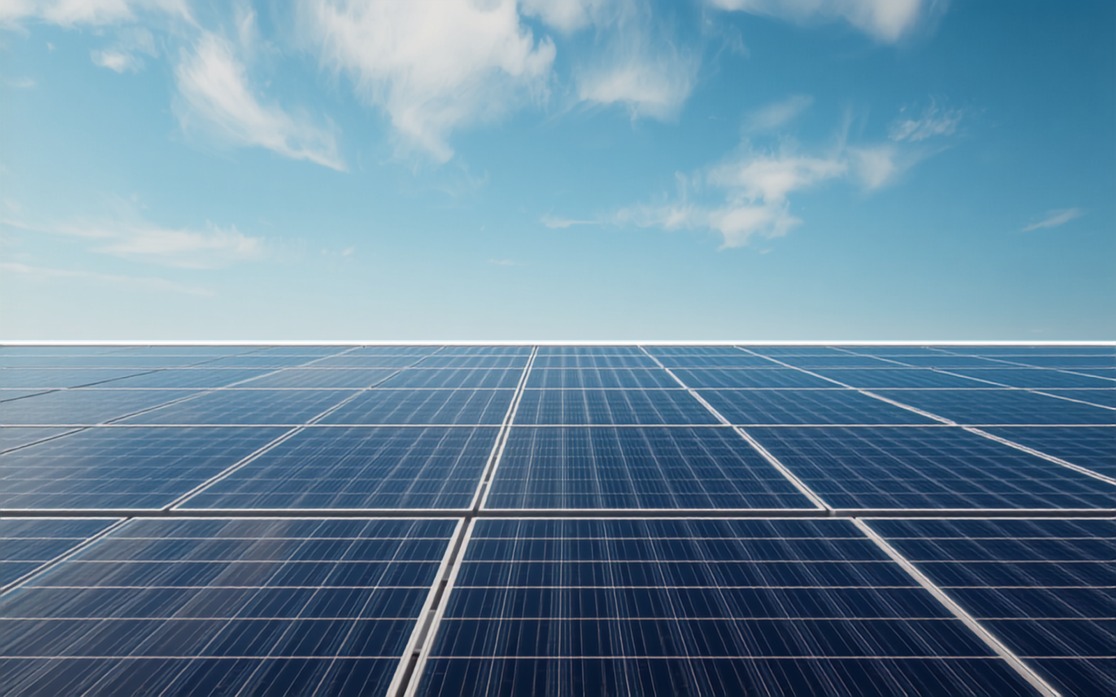 Rows of solar panels under a bright blue sky