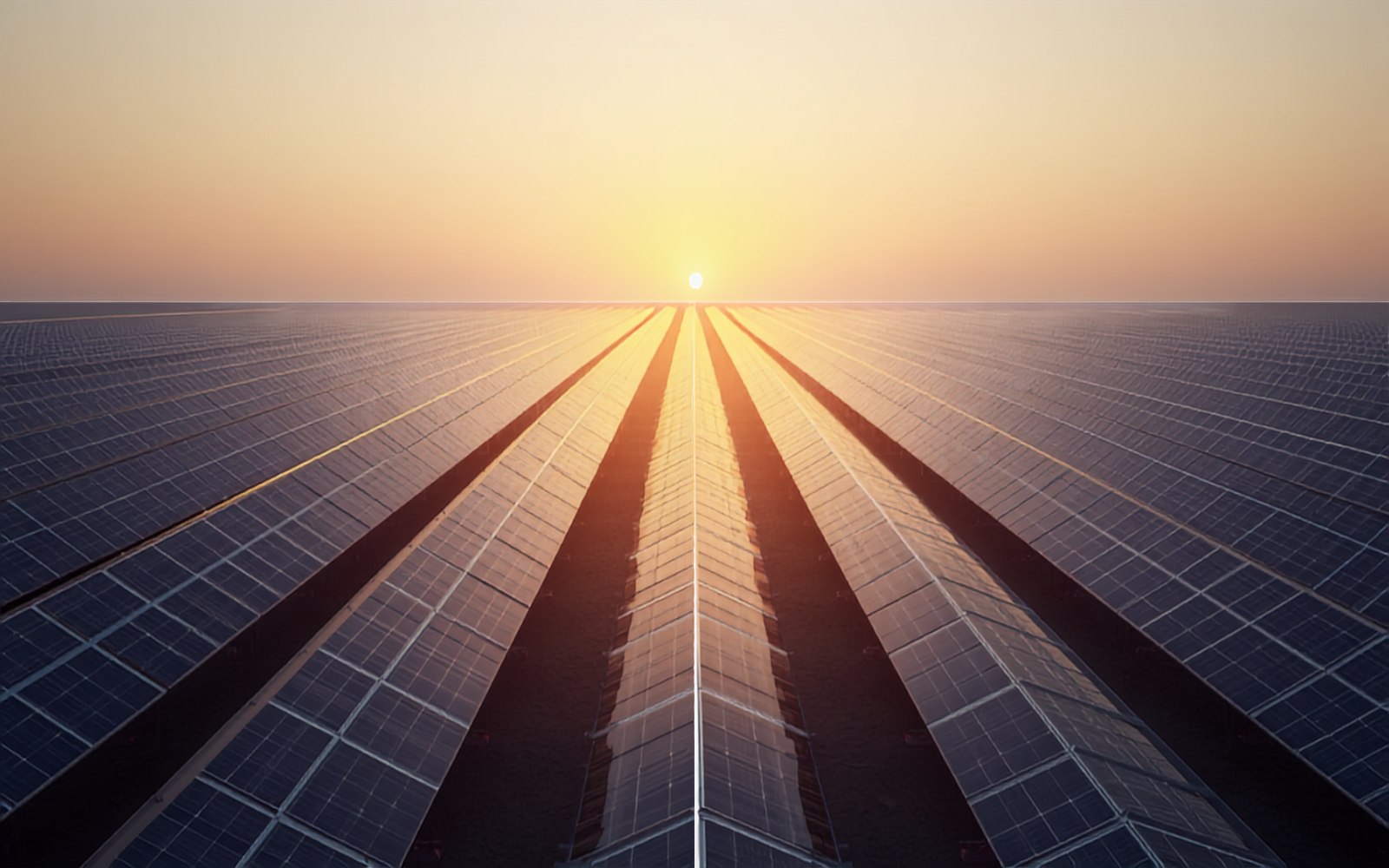 Rows of solar panels at a photovoltaic farm at sunset